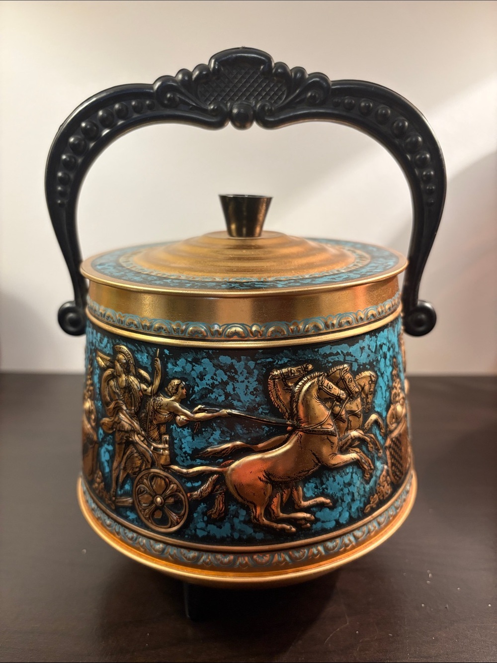 Ornate Gold & Turquoise Lidded Biscuit Jar with Black Handle